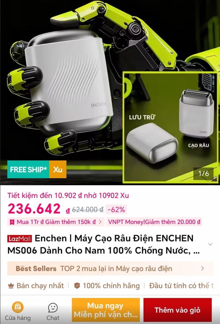 Vụt máy cạo râu Enchen MS006 giá ngon cho ae.
- Lưỡi dao nổi 3D, cạo ướt hoặc khô đều sạch, chống nước toàn thân.
- Thiết kế mini nhỏ gọn, đầu từ tính dễ vệ sinh, pin dùng lâu sạc nhanh.
👉 https://s.lazada.vn/s.MkIjg?c=d&t=p-iEalL2c-s23cFb4l
----
Enchen | Máy Cạo Râu Điện ENCHEN MS006 Dành Cho Nam 100% Chống Nước, Lưỡi Dao Nổi 3D, Đầu Từ Tính Có Thể Tháo Rời, Động Cơ 6800 Vòng/phút, Cạo Ướt/khô