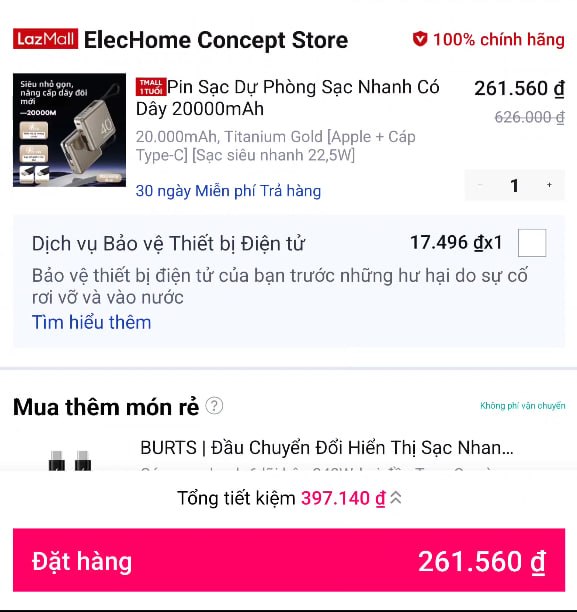 Sạc dự phòng 20000mAh 22.5W kèm cáp sẵn giá rẻ chỉ 2xx cho ae.
- Tích hợp sẵn 2 cáp Type-C và Lightning, có màn hình hiển thị dung lượng pin tiện lợi.
- Hỗ trợ sạc nhanh 22.5W, có tùy chọn dung lượng 10000mAh với giá 1xx cho ai cần gọn nhẹ.
👉 https://s.lazada.vn/s.MkIrn?c=d&t=p-iEfU5ak-s23y4BIH
----
Pin Sạc Dự Phòng Sạc Nhanh Có Dây 20000mAh