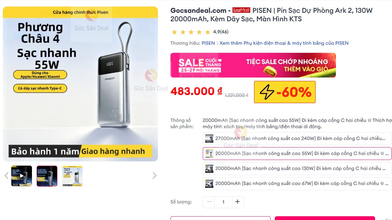 Pin sạc dự phòng Pisen Ark 2 20000mAh 130W giá 4xx cho ae cần.
- Dung lượng khủng 20000mAh, công suất sạc mạnh mẽ tích hợp sẵn dây cáp.
- Màn hình hiển thị thông số chi tiết, độ hoàn thiện cao, dùng quá ngon cho thiết bị di động.
👉 https://s.lazada.vn/s.MOh48?c=d&t=p-i3afXMA-s23v7X9R
----
PISEN | Pin Sạc Dự Phòng Ark 2, 130W 20000mAh, Kèm Dây Sạc, Màn Hình KTS