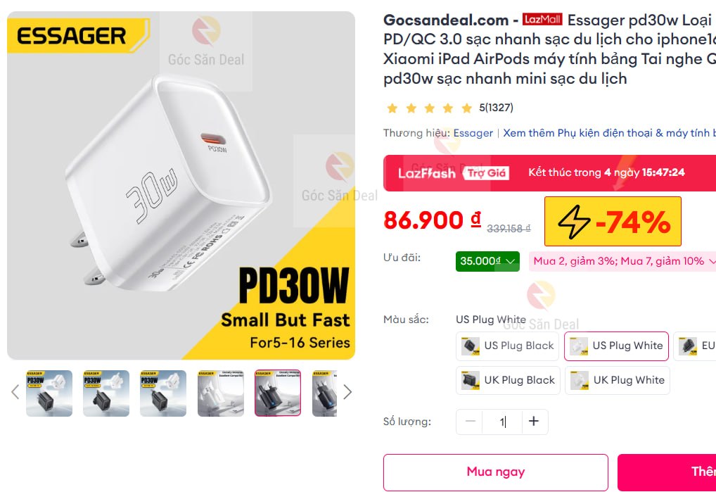 Húp củ sạc Essager PD30W giá rẻ cho ae.
- Sạc nhanh công suất 30W, hỗ trợ chuẩn PD/QC 3.0 sạc cực nhanh cho điện thoại và máy tính bảng.
- Thiết kế nhỏ gọn, chip thông minh bảo vệ an toàn khi sạc, tương thích nhiều dòng máy từ iPhone đến Android.
👉Mua ngay :  https://s.lazada.vn/s.MQeuc?c=d&t=p-i3MXDdy-sG9CsDd
----
Essager pd30w Loại C Bộ sạc sạc nhanh PD/QC 3.0 sạc nhanh sạc du lịch