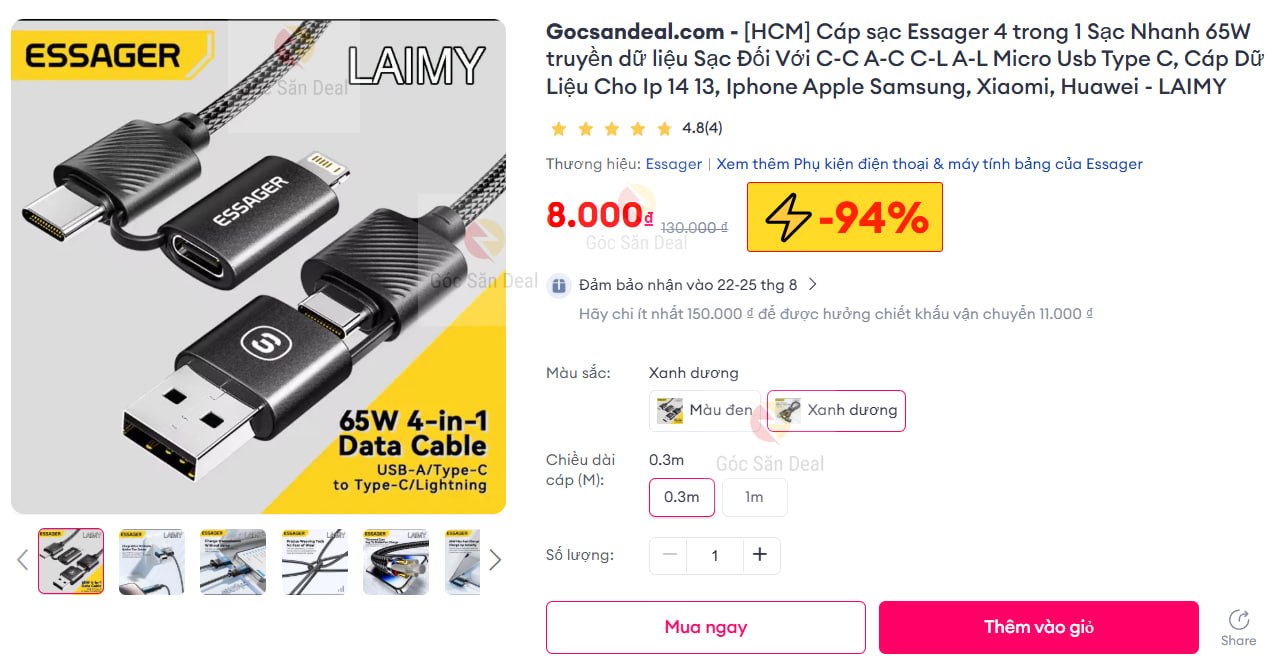 Lụm cáp sạc Essager 4 trong 1 sạc nhanh 65W giá rẻ cho ae.
- Cáp tích hợp 4 cổng chuyển đổi, công suất lên tới 65W, dùng được cho cả laptop và điện thoại.
- Thiết kế dây bện bền bỉ, tốc độ truyền dữ liệu 480Mbps, phụ kiện tiện lợi để ae dùng mọi lúc mọi nơi.
👉Mua ngay :  https://s.lazada.vn/s.M98mL?c=d&t=p-i2xV1q9-sERwmsX
----
[HCM] Cáp sạc Essager 4 trong 1 Sạc Nhanh 65W truyền dữ liệu Sạc Đối Với C-C A-C C-L A-L Micro Usb Type C
