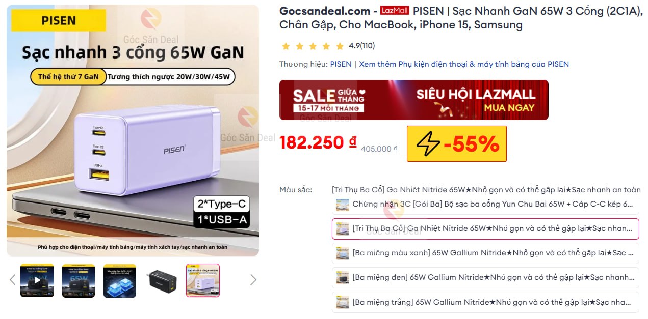 Sạc nhanh Pisen 65W GaN 3 cổng giá 182K cho ae.
- Công suất 65W mạnh mẽ, tích hợp 2 cổng C và 1 cổng A, chân gập tiện lợi.
- Công nghệ GaN giúp củ sạc nhỏ gọn, sạc nhanh cho cả laptop, điện thoại và máy tính bảng.
👉Mua ngay :  https://s.lazada.vn/s.MioYK?c=c&t=p-i3aNGNA-sHNd2wt
----
PISEN | Sạc Nhanh GaN 65W 3 Cổng (2C1A), Chân Gập, Cho MacBook, iPhone 15, Samsung