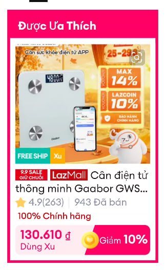 Cân điện tử thông minh Gaabor GWS-M02A giá rẻ chỉ dưới 100k cho ae.
- Kết nối Bluetooth với app trên điện thoại, phân tích chi tiết 20 chỉ số cơ thể.
- Tích hợp sạc Type-C tiện lợi, thiết kế đẹp và hỗ trợ quản lý sức khỏe cho cả gia đình.
👉 https://s.lazada.vn/s.Mqyqq?c=d&t=p-i2nD79m-sDex7mv
----
Cân điện tử thông minh Gaabor GWS-M02A cân sức khỏe kết nối bluetooth phân tích 20 chỉ số cơ thể lượng chất khoa học - App tiếng Việt OKOK - Bảo hành 1 đổi 1