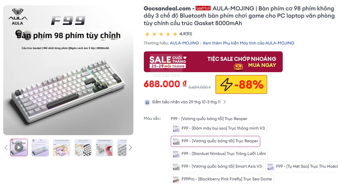 Lụm bàn phím AULA F99 giá rẻ ngon cho ae
- Bàn phím 98 phím không dây 3 chế độ, dung lượng pin khủng 8000mAh.
- Cấu trúc Gasket mount êm tay, hoàn thiện chắc chắn gõ mượt mà không cần mod thêm.
👉  https://s.lazada.vn/s.sWghO?t=n
----
AULA-MOJING | Bàn phím cơ 98 phím không dây 3 chế độ Bluetooth bàn phím chơi game cho PC laptop văn phòng tùy chỉnh cấu trúc Gasket 8000mAh