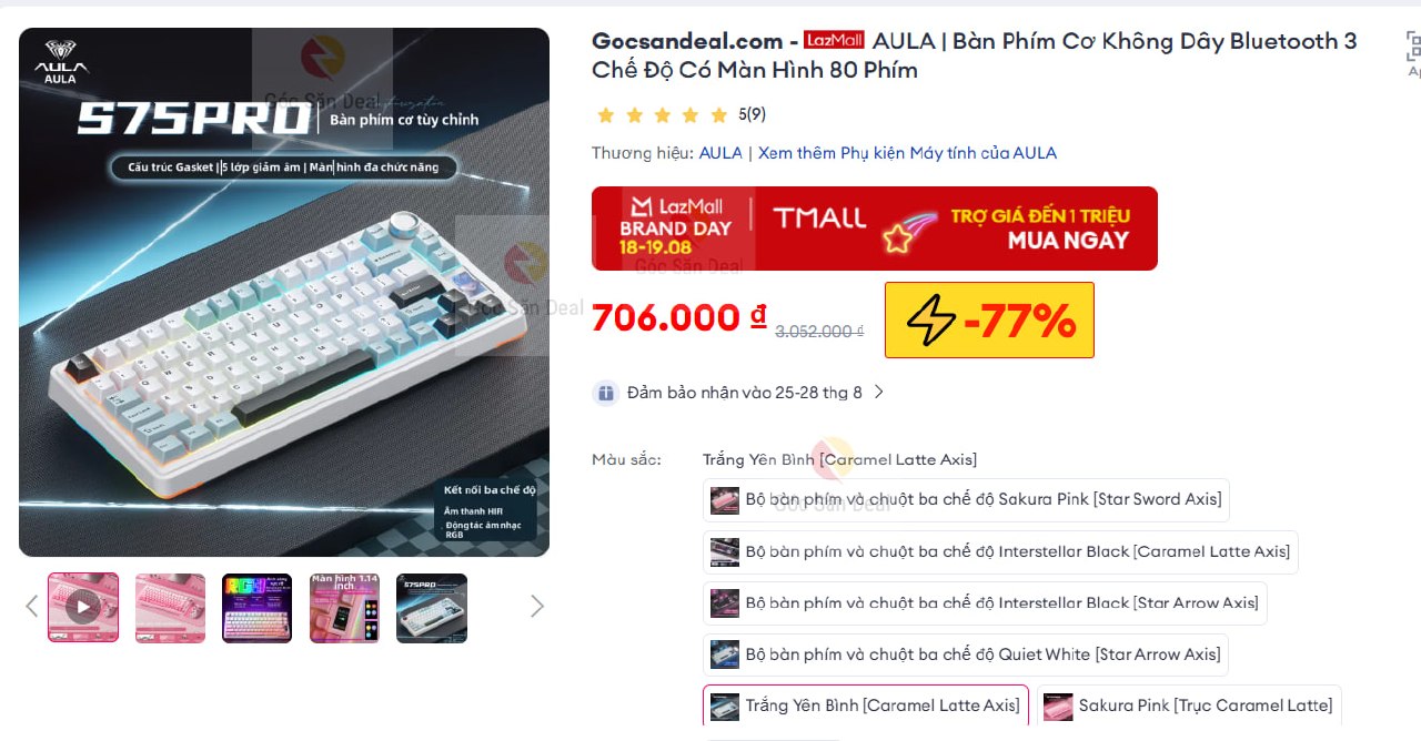 Húp bàn phím AULA S75 Pro bản trắng caramel giá 706K, ngon lành.
- Layout 80 phím tùy chỉnh, kết nối không dây Bluetooth 3 chế độ tiện lợi.
- Tích hợp màn hình hiển thị, cảm giác gõ yên tĩnh cực hợp cho dân văn phòng.
👉Mua ngay :  https://s.lazada.vn/s.MRuMw?c=d&t=p-i3ZqXsn-sHI9q8f
----
AULA | Bàn Phím Cơ Không Dây Bluetooth 3 Chế Độ Có Màn Hình 80 Phím