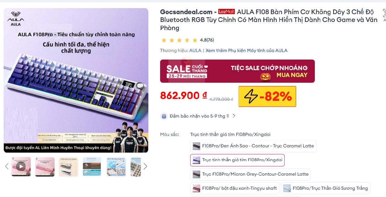 AULA F108 Bàn Phím Cơ Không Dây 3 Chế Độ Bluetooth RGB Tùy Chỉnh Có Màn Hình Hiển Thị Dành Cho Game và Văn Phòng