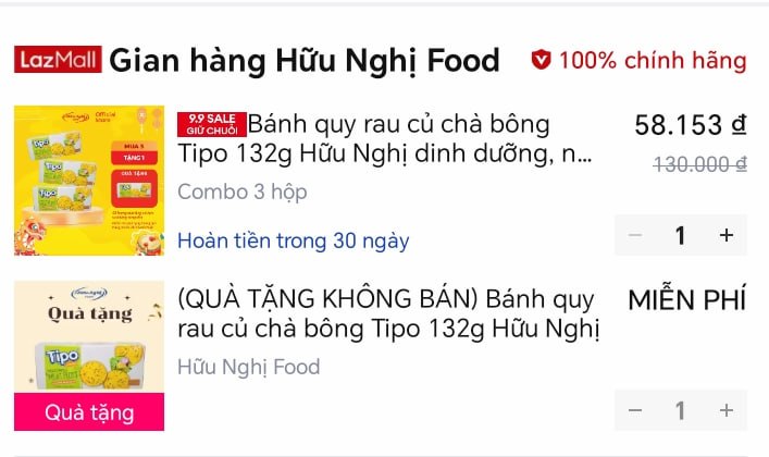 Lụm combo 3 hộp bánh Tipo rau củ chà bông tặng thêm 1 hộp
- Bánh giòn, vị tự nhiên từ 8 loại rau củ, ít ngọt nên rất dễ ăn.
- Áp thêm mã xu là được giá siêu rẻ, mua x2 đơn là được freeship, ae tranh thủ nhé.
👉 https://s.lazada.vn/s.MFQlz?c=c&t=p-i3NRvo6-sGCngO4
----
Bánh quy rau củ chà bông Tipo 132g Hữu Nghị