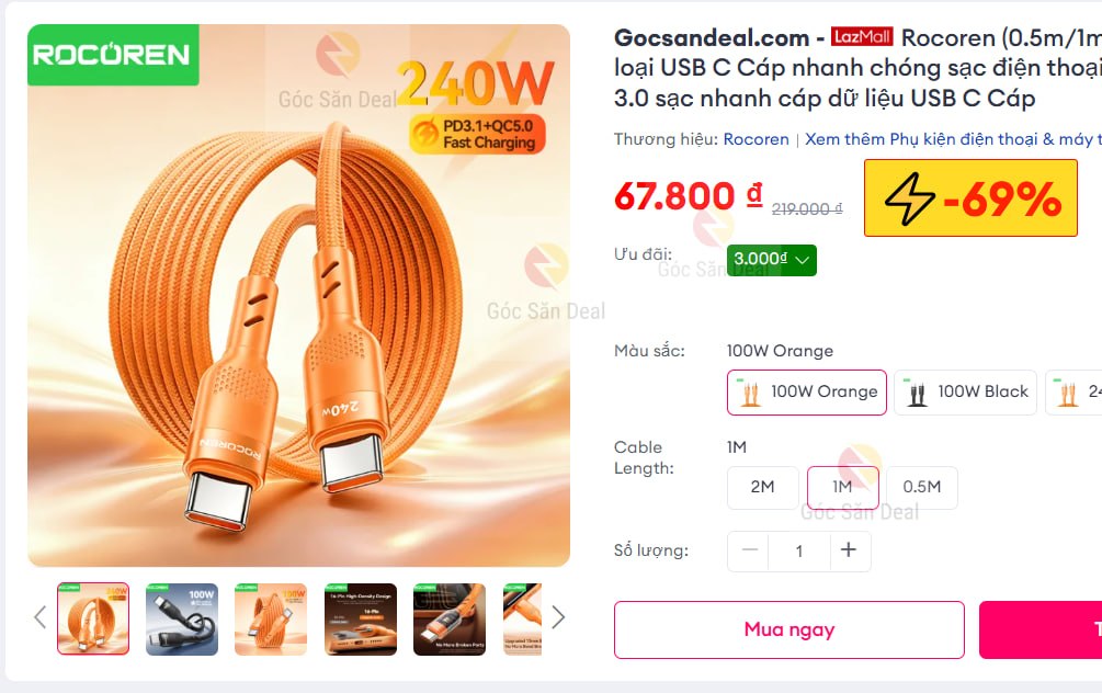 Vụt cáp sạc 100W Rocoren giá rẻ cho ae
- Hỗ trợ sạc nhanh 100W, tương thích tốt với iPhone, Huawei, Xiaomi và các thiết bị chuẩn QC 3.0.
- AE chọn option 1M để dùng tiện nhất nhé, cáp bền, sạc nhanh dữ liệu ổn.
👉 https://s.lazada.vn/s.MvuUI?c=c&t=p-iEf2Ehk-s23vmOi5
----
Rocoren 100W USB C to USB C Cable