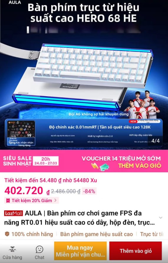 Vụt bàn phím AULA Hero 68 HE giá 402K, áp xu thêm rẻ.
- Bàn phím cơ hiệu suất cao với trục từ tính, hỗ trợ Rapid Trigger 0.01mm siêu nhạy.
- Thiết kế tối ưu cho game FPS chuyên nghiệp, phản hồi phím chính xác và tốc độ nhanh chóng.
👉Mua ngay :  https://s.lazada.vn/s.7G91a?t=p-i3Xq1Hr-sH5hSlv
----
AULA | Bàn phím cơ chơi game FPS đa năng RT0.01 hiệu suất cao có dây, hộp đèn, trục từ Hero68he cho loài nhện sói