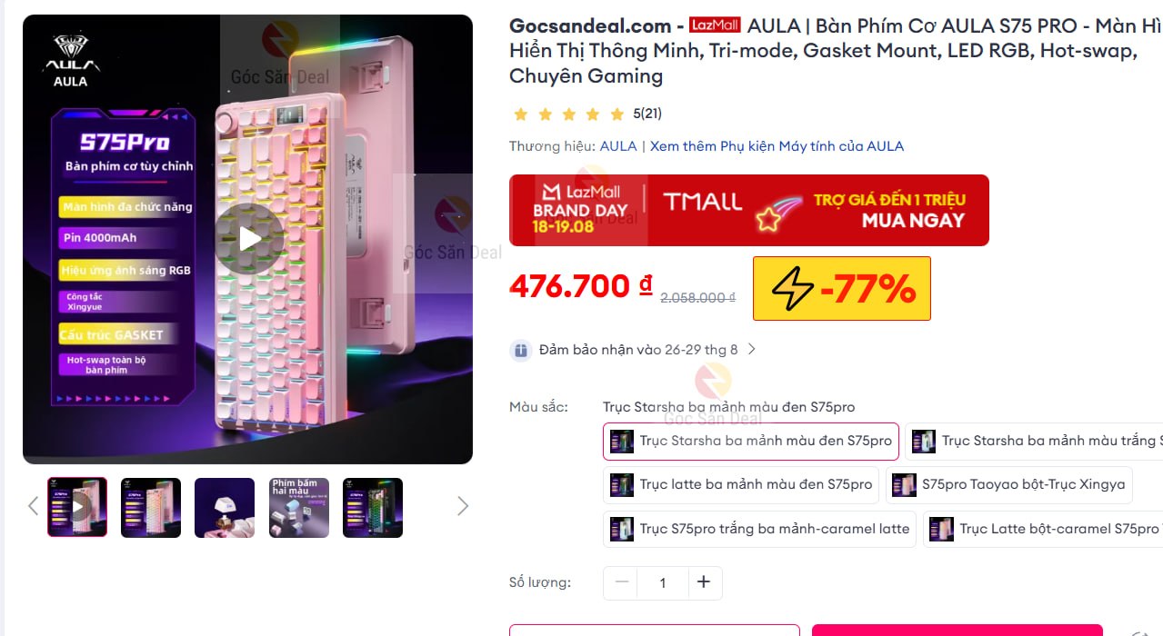 Lụm bàn phím AULA S75 Pro giá 476K siêu hời.
- Bàn phím cơ tích hợp màn hình thông minh, kết nối 3 chế độ cực tiện.
- Cấu trúc Gasket mount, hỗ trợ Hotswap cho ae thoải mái tùy chỉnh theo sở thích.
👉Mua ngay :  https://s.lazada.vn/s.Mjure?c=c&t=p-i3cIv1q-sHea9fD
----
AULA | Bàn Phím Cơ AULA S75 PRO - Màn Hình Hiển Thị Thông Minh, Tri-mode, Gasket Mount, LED RGB, Hot-swap, Chuyên Gaming