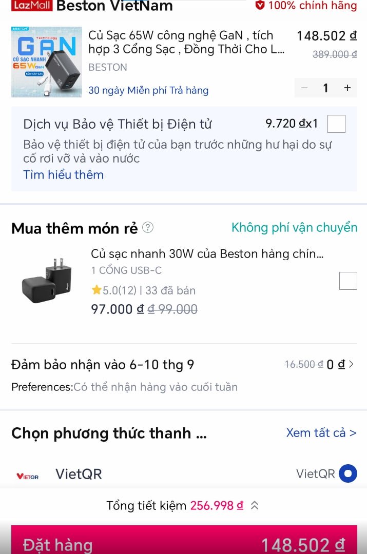 Vụt sạc nhanh BESTON 65W giá 1xx cho ae dùng sơ cua
- Công nghệ GaN 65W, tích hợp 3 cổng sạc (2 cổng Type-C, 1 cổng USB-A).
- Thiết kế cực kỳ nhỏ gọn, công suất ổn định, sạc được cả laptop và điện thoại, quá hời.
👉 https://s.lazada.vn/s.MFQpI?c=d&t=p-iEd5fMq-s23nKgYe
----
Củ Sạc 65W công nghệ GaN BESTON CHA1C2