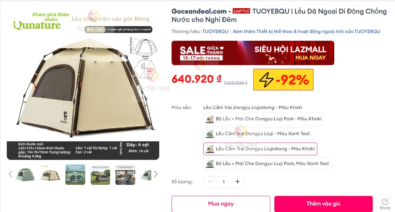 Lều dã ngoại size bự giá 640K cho ae cắm trại.
- Thiết kế gấp tự động lắp ráp siêu nhanh, có tính năng chống nắng hiệu quả.
- Không gian rộng rãi, phù hợp cho các chuyến đi chơi xa cùng gia đình hoặc bạn bè.
👉 Mua ngay  : https://s.lazada.vn/s.MSPDa?c=c&t=p-iEXHMJJ-s22rqbML
----
TUOYEBQU | Lều Dã Ngoại Di Động Chống Nước cho Nghỉ Đêm
❗️Do số lượng sale có hạn, nên khi bạn thấy post này thì có thể sản phẩm đã hết giá sale như ảnh, vì thế , hãy tham gia nhóm để săn deal Lều dã ngoại TUOYEBQU khác tại : @gocsandeal