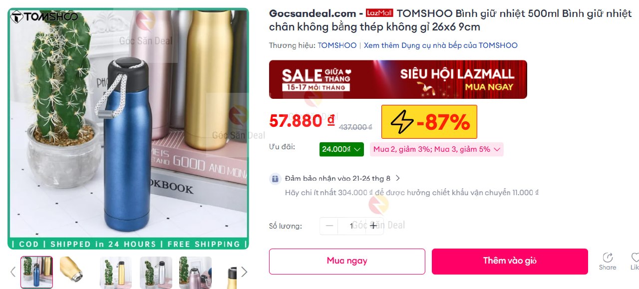 Vụt bình giữ nhiệt TOMSHOO 500ml thép không gỉ giá chỉ 57K.
- Chất liệu thép không gỉ bền bỉ, dung tích 500ml nhỏ gọn.
- Công nghệ cách nhiệt kép giữ nhiệt lâu, thay thế chai nhựa dùng một lần cực tiện.
👉 Mua ngay : https://s.lazada.vn/s.MhC34?c=c&t=p-iEd06Dm-s23mOfu6
----
TOMSHOO Bình giữ nhiệt 500ml Bình giữ nhiệt chân không bằng thép không gỉ 26x6 9cm
❗️Do số lượng sale có hạn, nên khi bạn thấy post này thì có thể sản phẩm đã hết giá sale như ảnh, vì thế , hãy tham gia nhóm để săn deal Bình giữ nhiệt TOMSHOO khác tại : @gocsandeal