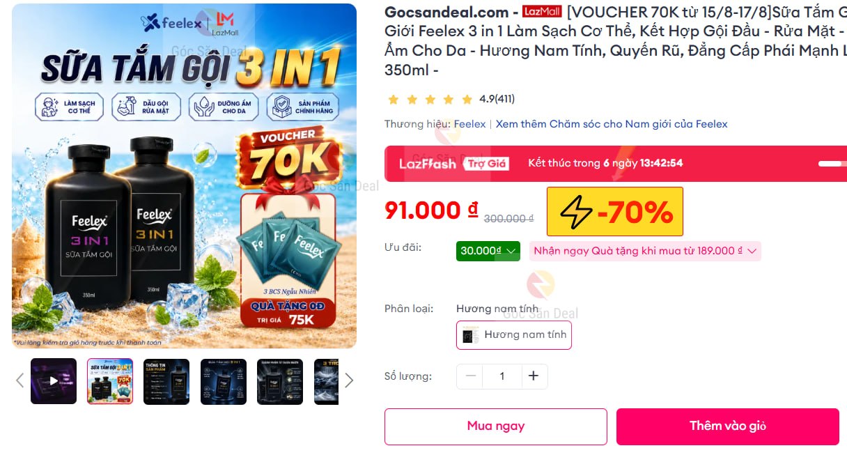 Húp sữa tắm gội nam giới Feelex 3 in 1 giá cực tốt, áp mã 70K là rẻ bèo.
- Tích hợp gội đầu, rửa mặt, tắm toàn thân trong một chai 350ml tiện lợi.
- Hương thơm nam tính, quyến rũ, hỗ trợ dưỡng ẩm cho da và làm sạch sâu hiệu quả.
👉 Mua ngay  :  https://s.lazada.vn/s.MRoj8?c=c&t=p-i2tfsE3-sE9WXcZ
----
[VOUCHER 70K từ 15/8-17/8]Sữa Tắm Gội Nam Giới Feelex 3 in 1 Làm Sạch Cơ Thể, Kết Hợp Gội Đầu - Rửa Mặt - Dưỡng Ẩm Cho Da - Hương Nam Tính, Quyến Rũ, Đẳng Cấp Phái Mạnh Lọ 350ml -