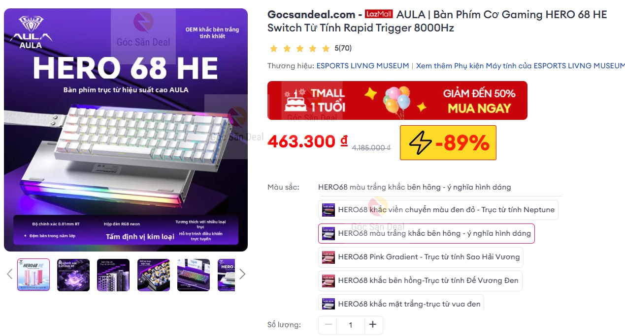 Vụt bàn phím AULA Hero 68 HE giá 463K quá ngon.
- Bàn phím dùng switch từ tính (Hall Effect), hỗ trợ Rapid Trigger và polling rate 8000Hz.
- Layout 68% nhỏ gọn, build cực chắc chắn, trang bị 