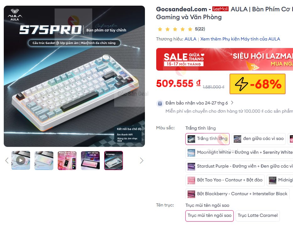 Lụm bàn phím AULA S75 Pro bản trắng giá 509K cho ae.
- Bàn phím cơ không dây ba chế độ, thiết kế sang trọng bền bỉ.
- Cảm giác gõ êm, độ nảy tốt, kết nối siêu ổn định cho cả nhu cầu làm việc lẫn gaming.
👉 Mua ngay  :  https://s.lazada.vn/s.NBYdF?c=c&t=p-iEa8p9R-s23ZGq5s
----
AULA | Bàn Phím Cơ Không Dây Tri-Mode cho Gaming và Văn Phòng