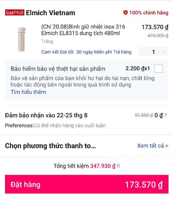 Vụt bình giữ nhiệt Elmich inox 316 giá 1xx cực ngon cho ae.
- Bình giữ nhiệt 480ml, chất liệu inox 316 an toàn, giữ nóng 12 tiếng và giữ lạnh tới 36 tiếng.
- Thiết kế 2 nắp tiện lợi, tích hợp cốc uống và lưới chặn đá, hàng Elmich thì chất lượng khỏi bàn rồi.
👉Mua ngay :  https://s.lazada.vn/s.MQeC5?c=c&t=p-i2iW1ut-s23A1fpY
----
(Chỉ 20.08)Bình giữ nhiệt inox 316 Elmich EL8315 dung tích 480ml