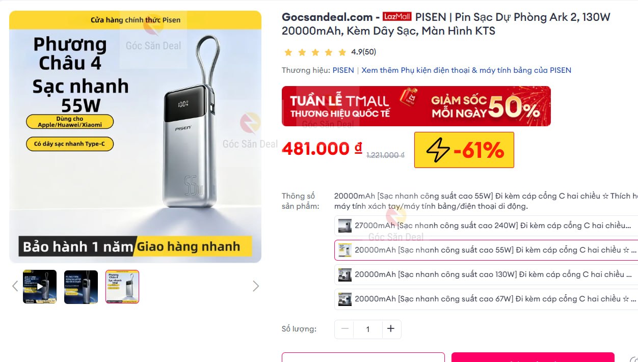 PISEN | Pin Sạc Dự Phòng Ark 2, 130W 20000mAh, Kèm Dây Sạc, Màn Hình KTS